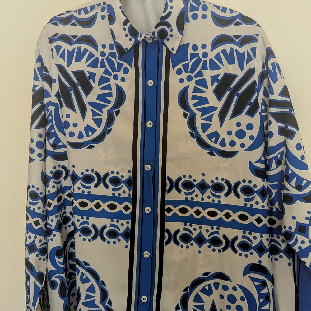 Sweet Rain Blue and Cream Geometric Blouse And Wide Pant Set